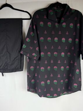 Black Button-Up Shirt with Pink & Green Floral Print